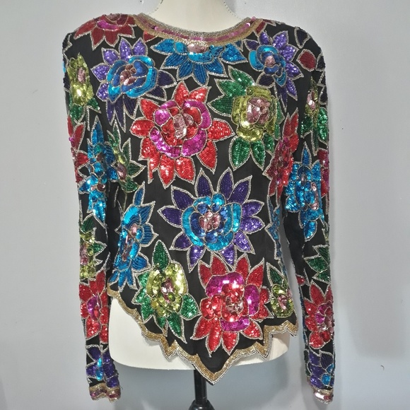 Laurence Kazar Tops - Laurence Kazar Bright Sequin & Bead Top-Size XL